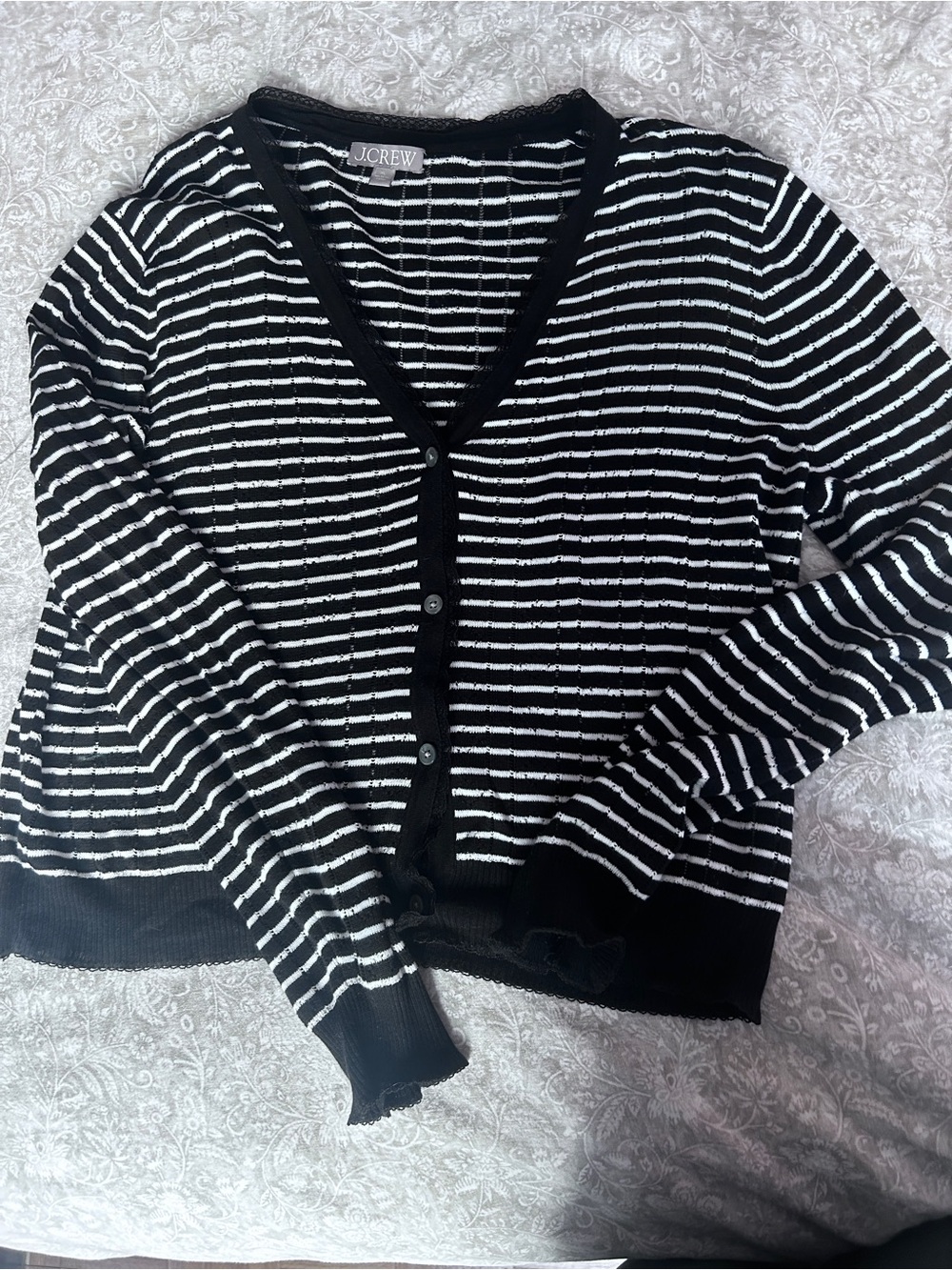 J. Crew Black & White Striped V-Neck Pointelle Button Cardigan